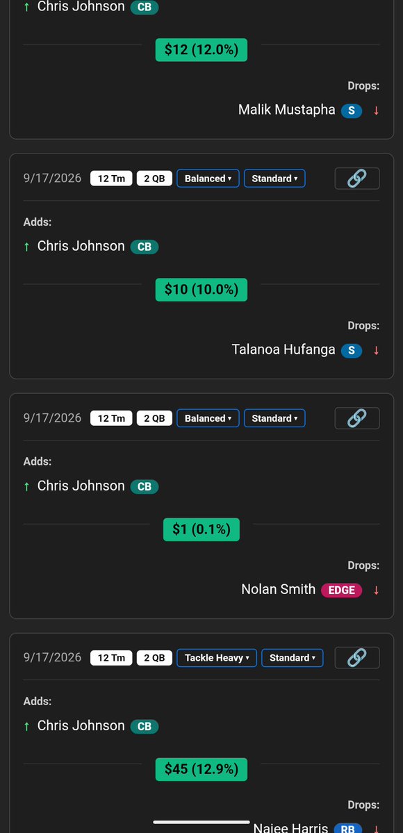 IDPTradeDB's tweet photo. It's that time of year! Looking for #FFIDP add/drop trends? Look no further! Wanna know who's getting dropped for Chris Johnson and how much FAAB he's going for? Just tap his name!

https://t.co/F33y0EIBUT

https://t.co/qZzbEGY0GX

#FantasyFootball https://t.co/cTeZWGGu9H
