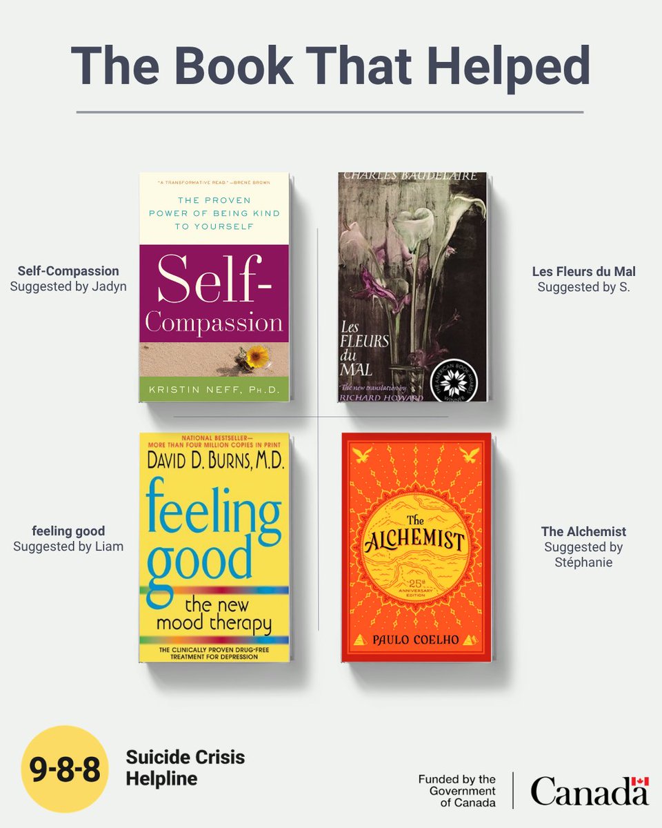 988Canada's tweet photo. For Suicide Prevention Month, we asked the people behind 9-8-8 to share one thing that  helped them through hard moments. Many people shared books that helped them, so here are a few that were submitted, as well as a list of others that were shared. https://t.co/pp4MgHrqpn https://t.co/rbbNdBCoaI