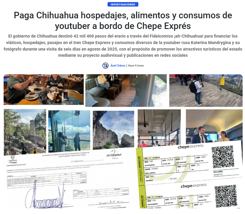 emeequis's tweet photo. El gobierno de Chihuahua pagó 42 mil 400 pesos para financiar la visita de seis días de la youtuber rusa Katerina Mandrygina y su fotógrafo. El gasto incluyó hospedaje, alimentos, pasajes en el Chepe Express y otros consumos, bajo el argumento de promocionar el turismo estatal.

https://t.co/ZOMejRL0le