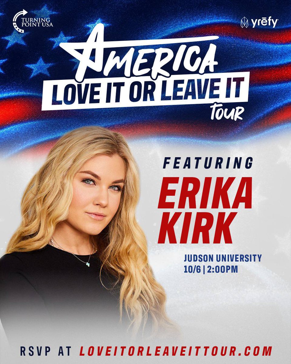 tpusastudents's tweet photo. 🚨ILLINOIS🚨 

Don’t miss Erika Kirk at JUDSON UNIVERSITY on October 6th on the America: Love It or Leave It Tour! 

https://t.co/IqIhq3EhzS https://t.co/VKJUEsyv9p