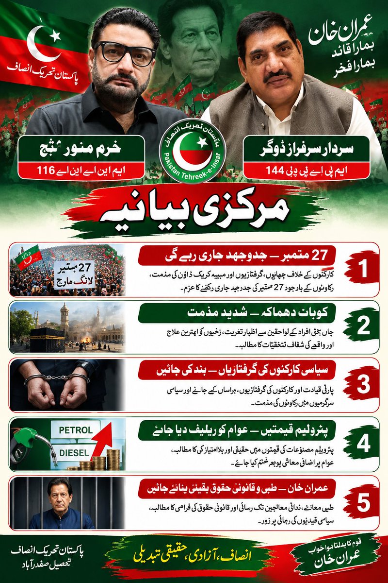 MudasarBut's tweet photo. مرکزی بیانیہ — حق، انصاف اور آزادی کی آواز 🇵🇰
27 ستمبر کی جدوجہد، سیاسی کارکنوں کے حقوق، عوامی ریلیف اور عمران خان کے قانونی و طبی حقوق کے لیے آواز بلند کرنا ہمارا مؤقف ہے۔

#مرکزی_بیانیہ #27ستمبر #PTI #ImranKhan #انصاف #آزادی https://t.co/zw3xTapbjn