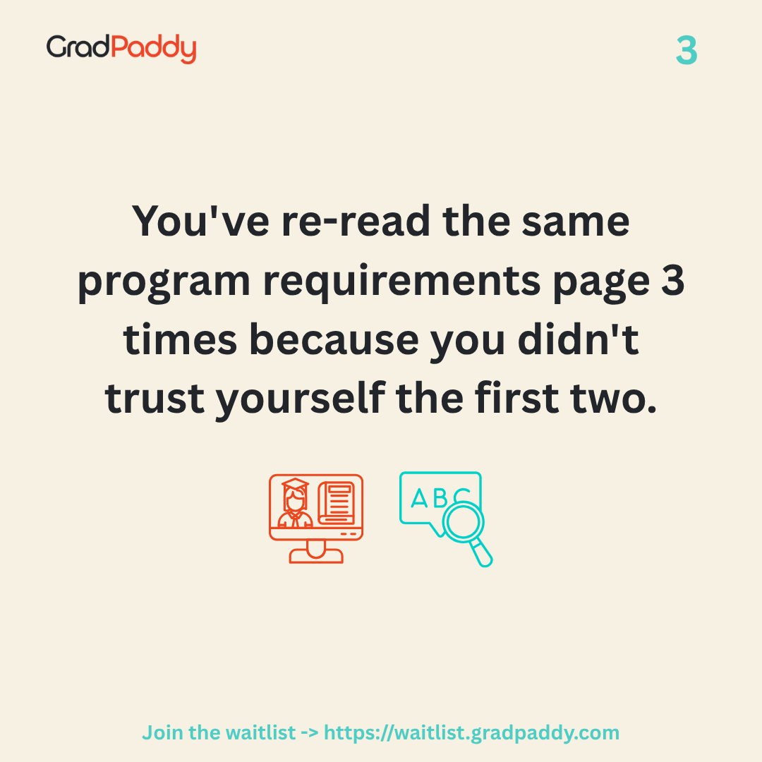 gradpaddy's tweet photo. 5 signs you're managing your graduate school applications in survival 🥱 mode, when you should actually be STRATEGIC about it.
I mean … it’s your future, no?🫠
Join the waitlist at https://t.co/8hCiazEffx and let’s give you the Grad Paddy strategy ⭐️
#masters #phd #application https://t.co/KQ7O8lNuCg