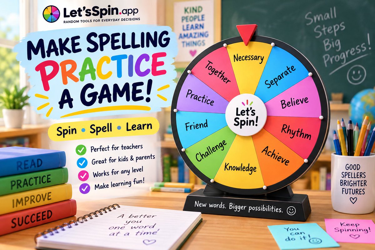 LetsSpinapp's tweet photo. Make spelling practice a little more fun 🎯📚

Spin the Spelling Words Wheel, get a random word, and start spelling! Perfect for teachers, classrooms, homeschoolers &amp; parents.

🎡 Try it free:
 https://t.co/yfWuNHoIuA

#Spelling #Teachers #EdTech https://t.co/3NN1PEWWRK