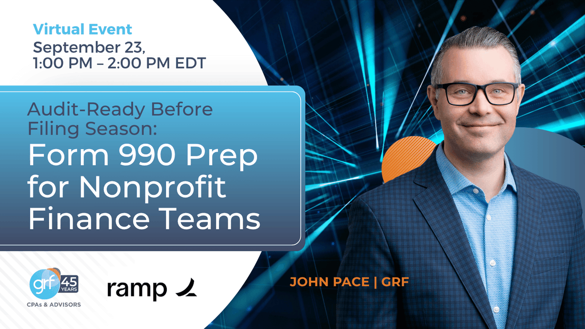 GRFCPAs's tweet photo. Join Ramp and John Pace of GRF CPAs &amp; Advisors to learn how nonprofit finance teams can close documentation gaps, improve expense tracking, and stay audit-ready all year.

Register: https://t.co/SoiCFzQza9

#NonprofitFinance #Form990 #AuditReady https://t.co/rZCCBy3HED