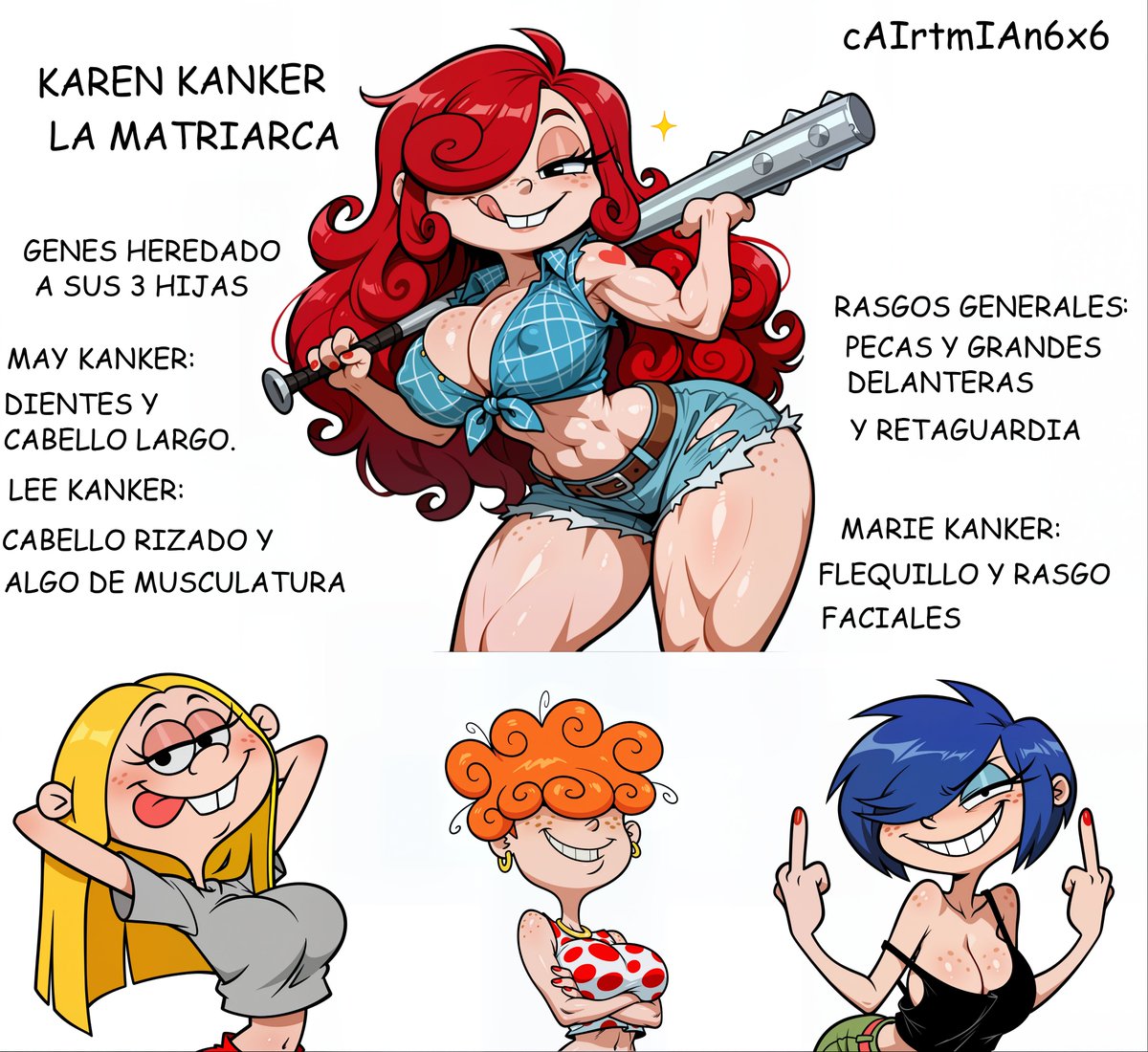 cartman6x6again's tweet photo. #LeeKanker #MarieKanker #MayKanker #KarenKanker #KankerSisters #EdEddnEddy #OC #AIArt mostrando a mi Karen Kanker y sus 3 hijas adolescentes detallando las partes genรฉticas obtenidas cada una de su madre, en una gran imagen a 6K aproximadamente para verlas en sus grandes bellezas https://t.co/OJE5tvaPDp