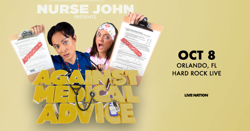 hardrockliveorl's tweet photo. Nurse John’s Against Medical Advice Tour stop here in Orlando on October 8th is almost sold out! Did you get your tickets yet? Only balcony table seating remains, so gather your besties and snag a table while you still can by calling the Hard Rock Live Box Office at 407-351-LIVE https://t.co/QkfyJEkoJE
