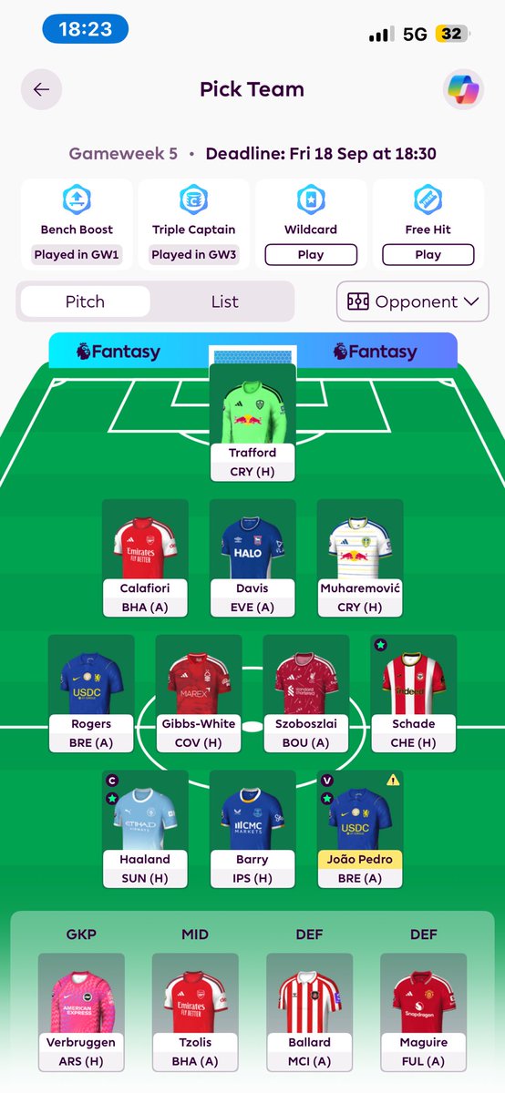 GeorgeFPLBanter's tweet photo. George’s team: 

JP defo out so tzolis comes on 
🧢 Haaland 
OR: 380k 

Green arrows all !  
#FPL #FPLCommunity https://t.co/hXsfnSngpm