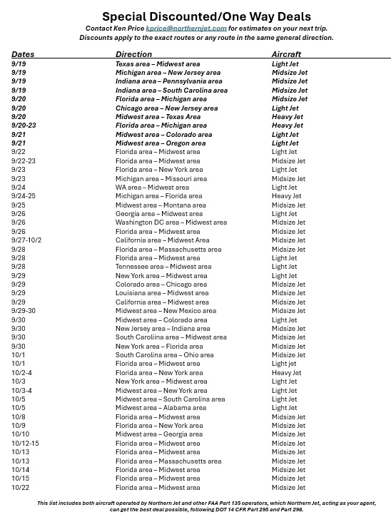 OneWayFlights's tweet photo. Special Empty Leg/One Way Deal list, 9/18/26. Do you see a date &amp; route similar to a direction you would like to travel? Send email to get quote or if you have any questions. #emptylegs #oneways #onewaydeals #onewayflights #bizjets #privatejets #lifestyle #luxury #jetcards #jets https://t.co/JFETJMcSX5