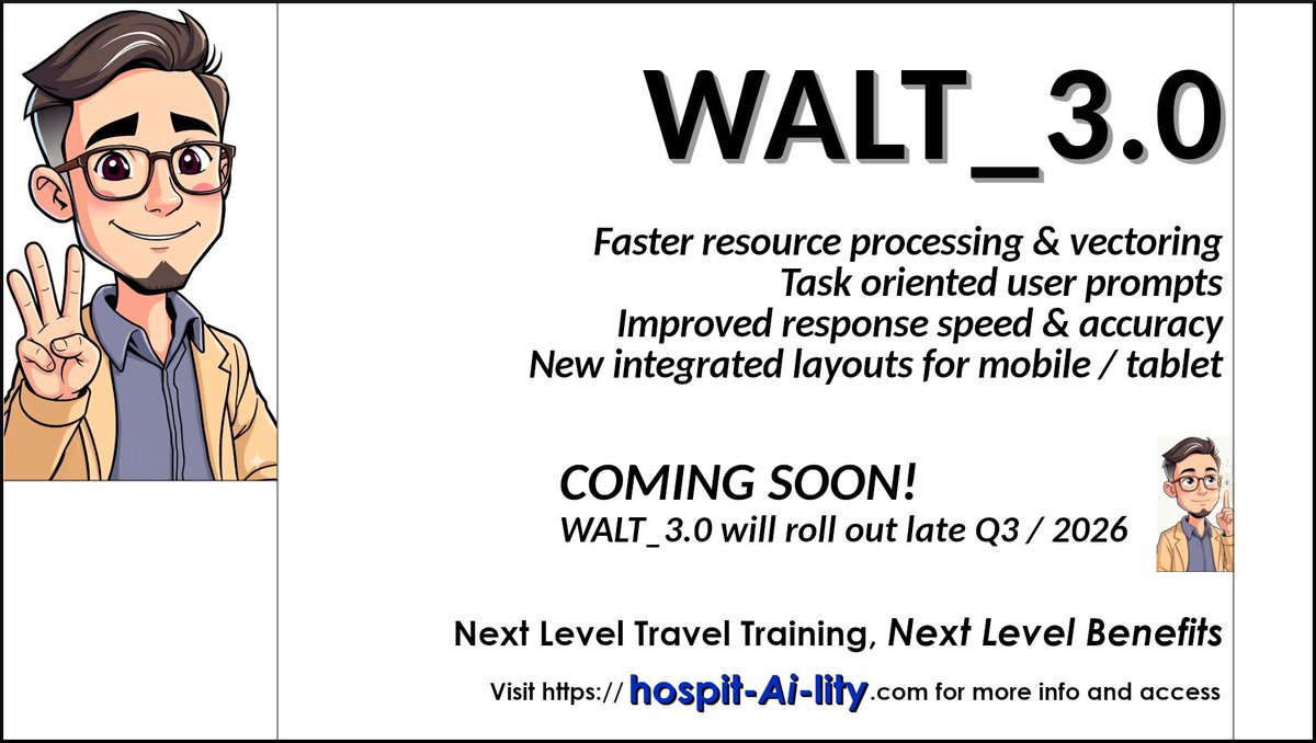 Hospit_AI_lity's tweet photo. MEET WALT 2.0: WALT stands for Worker Augmented Localized Trainer and he's the AI coach for the hospit-AI-lity travel training platform. Better, faster and more effective travel training to maximize guest and client interactions:
https://t.co/24q7A5hl3O #traveltraining https://t.co/uiUfZFOQEF