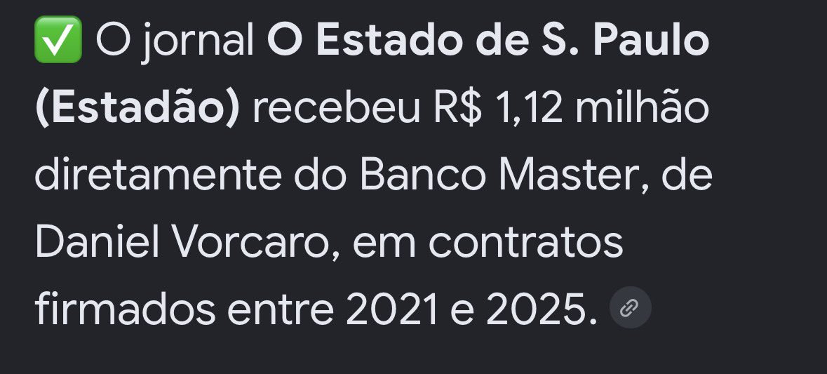 gilb_alves's tweet photo. @Estadao @alvarogribel OPINIÃO ✍️Indignação seletiva: quem condena Alexandre de Moraes não pode absolver @Estadao. Vorcaro não distribuía dinheiro por caridade; objetivo era se aproximar, comprar influência e, no momento apropriado, corromper. https://t.co/giadZL1ob7