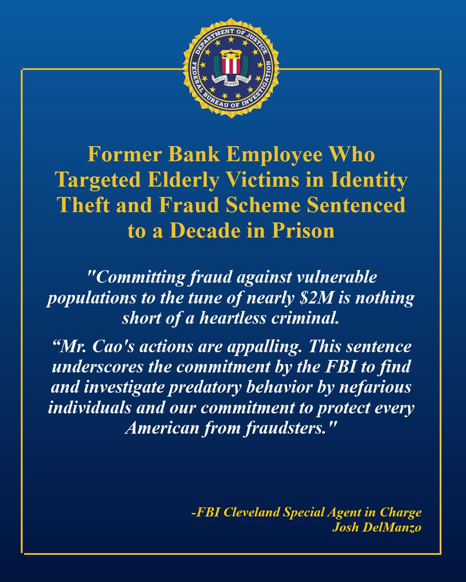 FBICleveland's tweet photo. FBI Cleveland investigation leads to a decade in prison for former Northeastern Ohio bank employee. Victims ranged in age from 90 - 103 years old with losses totaling nearly $2M. 

https://t.co/td10cjaeTP https://t.co/Om0Nq1HGqA
