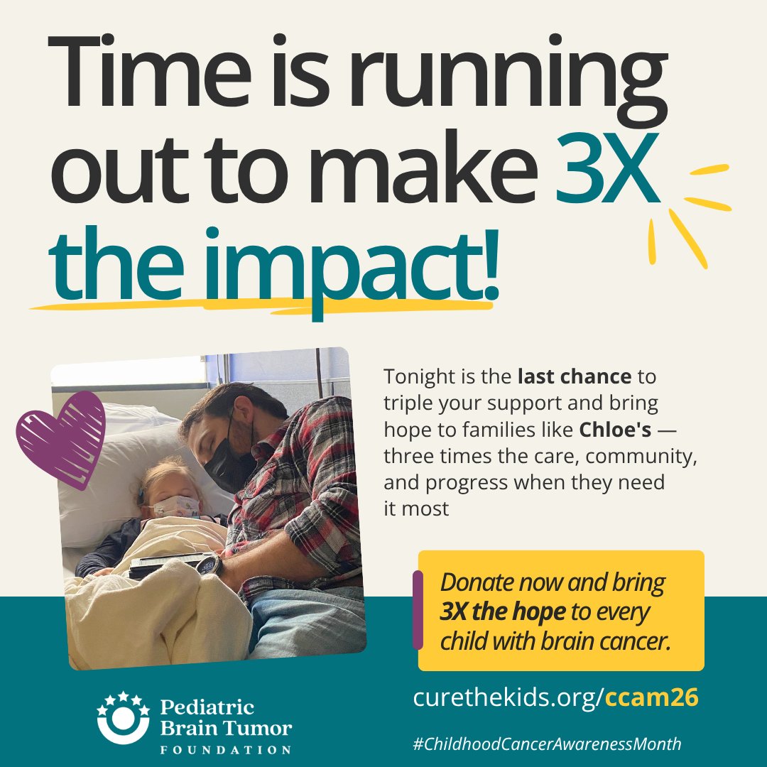 PBTF's tweet photo. Last day! Donate before midnight PDT and your gift is TRIPLED — 3x the emergency help for families in crisis, 3x the research toward safer treatments, 3x the support for parents who feel alone. Show up for kids with brain tumors while it counts triple:
https://t.co/aEfo1Xc3RK 🎗️ https://t.co/DSI2iZJnco