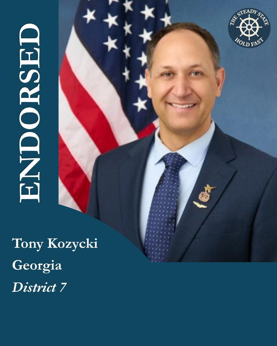 steadystate2025's tweet photo. “This is exactly the kind of candidate our members hoped to find when we started this organization,” said Steven Cash, Executive Director of The Steady State.
  
@TonyKozycki  is running for Congress in Georgia's Seventh District. Raised in LaGrange, Georgia, he attended the United States Naval Academy on a nomination from Senator Saxby Chambliss. He became a Naval Aviator flying the F/A-18 Super Hornet, completing three combat deployments and working closely with allied forces in complex, high-stakes environments. After returning home, he continued his service as an attorney fighting for Georgia families."I've led when the stakes were real, when people were counting on you to get it right," Tony says. "That kind of responsibility stays with you, and it's exactly what's missing in Washington.".

Tony Kozycki demonstrates a consistent commitment to the rule of law, supports nonpartisan oversight and accountability of the Executive Branch, exhibits a substantive understanding of the national security challenges facing the country, and upholds the democratic norms and ethical standards of public service that the organization's criteria require.