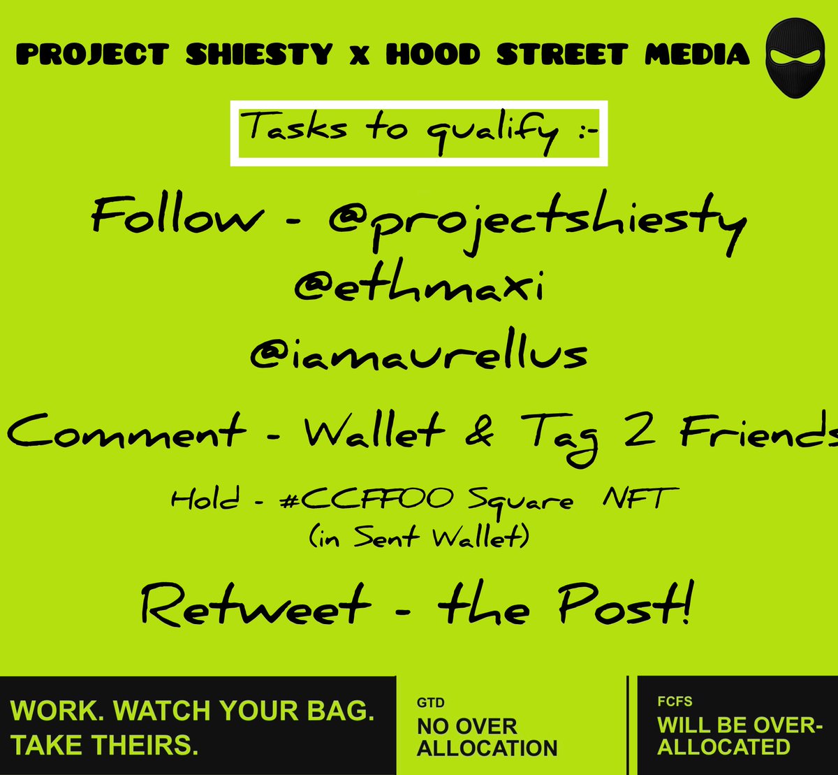 iamaurel1us's tweet photo. 🎬 @ProjectShiesty x @HoodStreetCap Collab!

20x GTD and 25 FCFS Spots ✅

Things are about to get SHIESTY soon on Robinhood and this one’s exclusively for the CCFF00 Fam 🟩 

How to enter:

→ Follow @ProjectShiesty, @ethmaxi & @iamaurel1us
→ Tag 2 friends
→ Comment: EVM Minting Wallet (with a CCFF00)
→ Like + Repost

⚠️   Minting wallet MUST hold a #CCFF00 NFT  ⚠️

Let’s get Shiesty, Hood Street 🎬❗