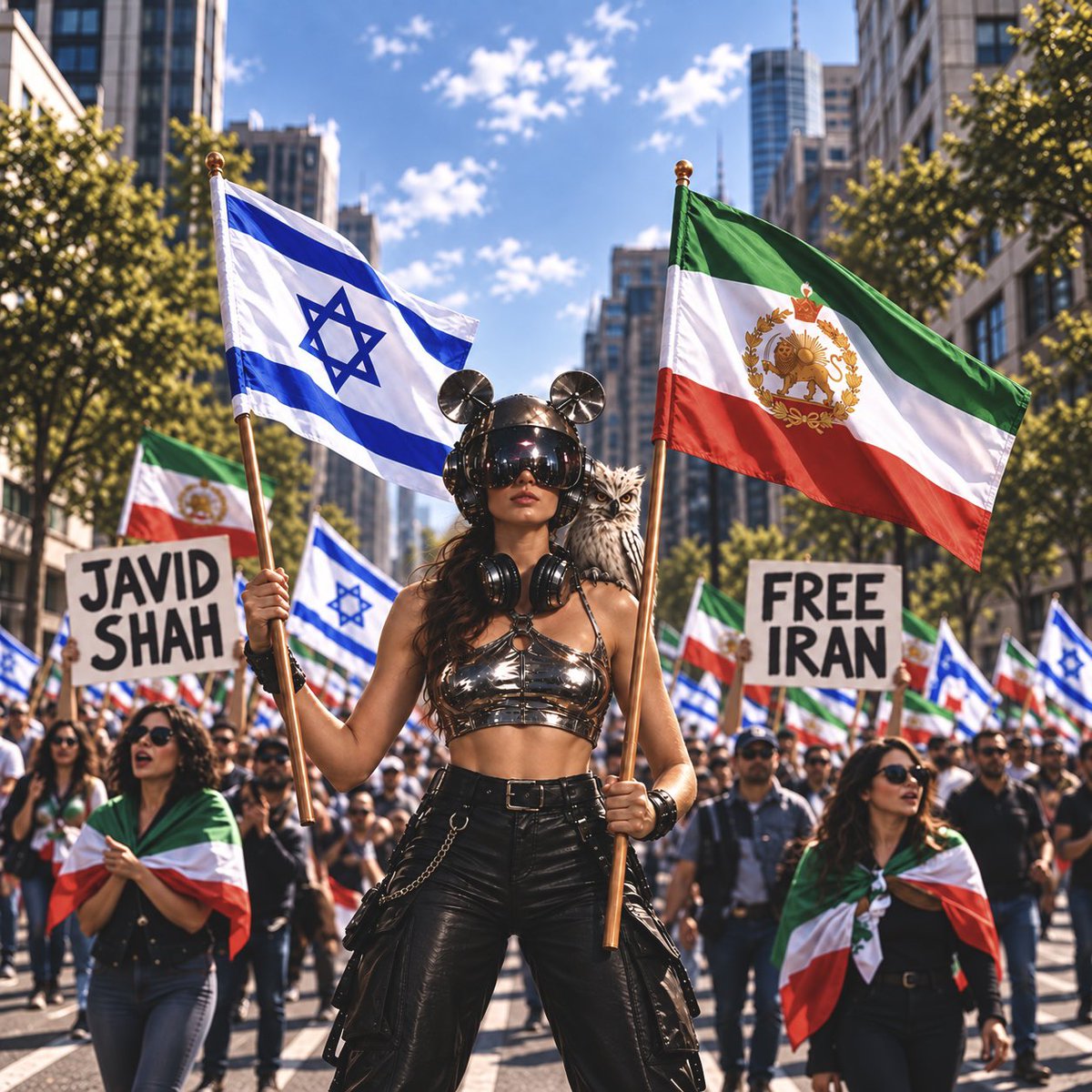 pink4iran's tweet photo. خیلی قشنگ کردید تایم لاین رو 
درود به همتون 🤘🏼🎀
پرامت جدید ��وشتم که تو بک گراند JAVID SHAH داره اگه دوست دارید استفاده کنید، اگرم نشد کامنت بذارید من براتون می‌سازم 🇮🇱🤘🏼🇮🇷 
#جاویدشاه 

Create a square, edge-to-edge cinematic portrait using my uploaded avatar as the exact character reference.

Preserve the avatar’s recognizable face, body type, hairstyle, clothing, accessories, colors, art style, and any companion or pet. Do not replace or redesign the character.

Place the character confidently in the center of a sunlit modern city gathering, framed from mid-thigh upward. Use a strong natural pose: relaxed shoulders, comfortable upright neck, elbows bent close to the body, left hand raised slightly higher and right hand lower, each holding a wooden flagpole. Keep the hands and fingers anatomically correct.

The character holds two equally large flags:

Viewer-left: the Israeli flag with accurate blue stripes and Star of David.
Viewer-right: the historical Iranian green-white-red flag with the traditional gold Lion and Sun emblem—a standing lion holding a curved sword before a radiant sun, with crown and symmetrical wreath. Never use the Islamic Republic emblem.

Both complete rectangular flags must be fully visible, including every outer edge, all corners, both poles, and both finials. Leave clear sky around the flags. Nothing may touch or leave the frame.

Behind the character, show a realistic, softly blurred crowd carrying smaller versions of the same flags. Add exactly two handmade off-white signs held naturally by people in the background:

“JAVID SHAH”

“FREE IRAN”

Spell both signs exactly in bold black uppercase letters. Keep them readable without covering the main character, pet, flagpoles, or flags.

Style: highly realistic cinematic editorial photography, bright natural daylight, detailed skin or fur, realistic fabric and metal reflections, subtle film grain, natural depth of field, and energetic city atmosphere.

No circular avatar crop, border, watermark, extra text, distorted hands, extra limbs, altered identity, cropped flags, or incorrect Iranian emblem.