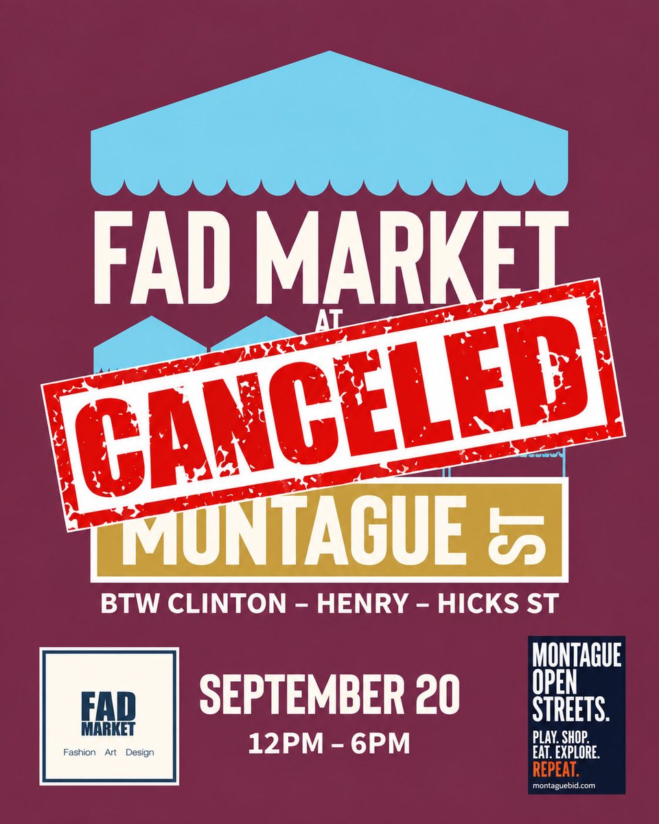 fadmarket's tweet photo. We’re sorry to share that this Sunday’s FAD Market at Open Streets on Montague has been canceled.

We’re incredibly disappointed that we won’t be able to come together this weekend. 

Head to https://t.co/cxtV3RZE6K to see where you’ll find us next. 

We hope to see you soon! https://t.co/E3peSHJ6Eu