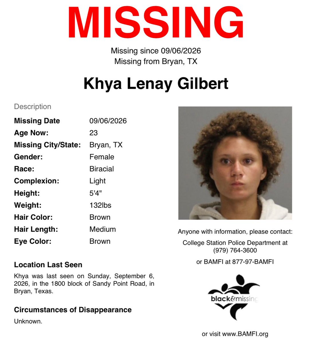 BAM_FI's tweet photo. #FindingFriday: #Bryan, #TX: 23y/o Khya was last seen on September 6 in the 1800 block of Sandy Point Road, wearing a grey "Moss Co" sweater and dark colored sweatpants.

Have you seen her?

Please SHARE to #HelpUsFindKhyaGilbert #KhyaGilbert #HelpUsFindUs https://t.co/VPyxxuXX35