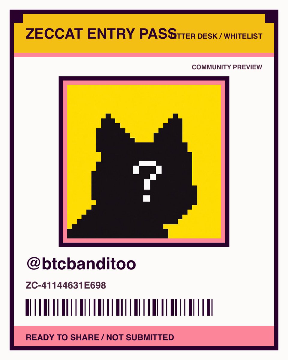 btcbanditoo's tweet photo. I'm applying for the @zeccatnft whitelist. My Zeccat Entry Pass is ZC-41144631E698. Community preview only. https://t.co/CcR0akY12O
