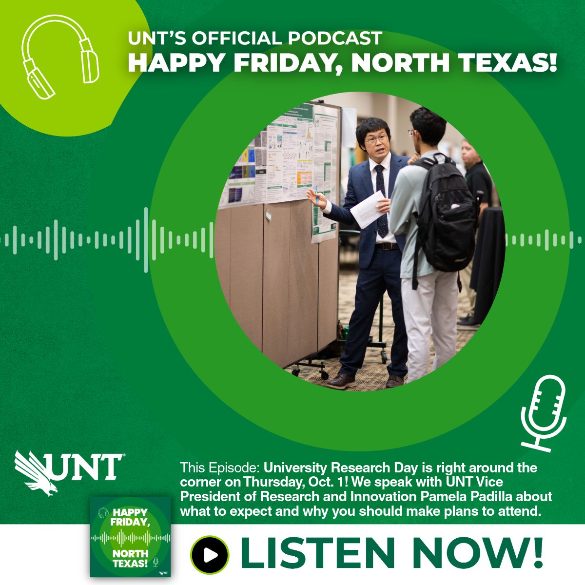UNTsocial's tweet photo. In this episode of #HFNT, we sit down with UNT VP of @UNTResearch and Innovation Pamela Padilla about what to expect at the 2026 #UNT University Research Day, coming up Thursday, Oct. 1.  

Listen now: https://t.co/5qq70LUROu https://t.co/JRxntWWxOR