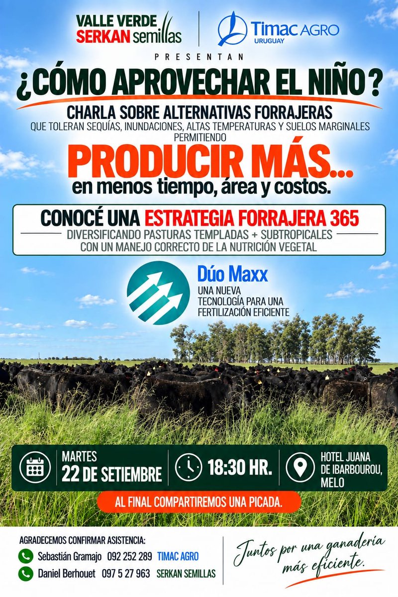 SerkanSemillas's tweet photo. Te esperamos para compartir muchas novedades y experiencias de cara a un momento ganadero histórico y la tranquilidad de que las lluvias en mayor o menor medida acompañarán en primavera verano

Preparate para explotar potenciales productivos con Tecnologías Forrajeras y de Nutrición Vegetal de alto impacto productivo y mayor calidad estival👌

Martes 22 de setiembre 18:30 hrs en Hotel Juana de Ibarbourou, Melo.

Agradecemos confirmar asistencia al técnico @TimacAgroUy de tu zona o al técnico Serkan en mapa contacto de nuestra web https://t.co/FXSPoNIIlL.

Esta primavera #AGRANDÁtuCAMPO 🌱🐄🌿🐂🍀🐃🥩🥛📈

Valle Verde & SERKAN Semillas 
Desde 1975 innovando el agro 🇺🇾