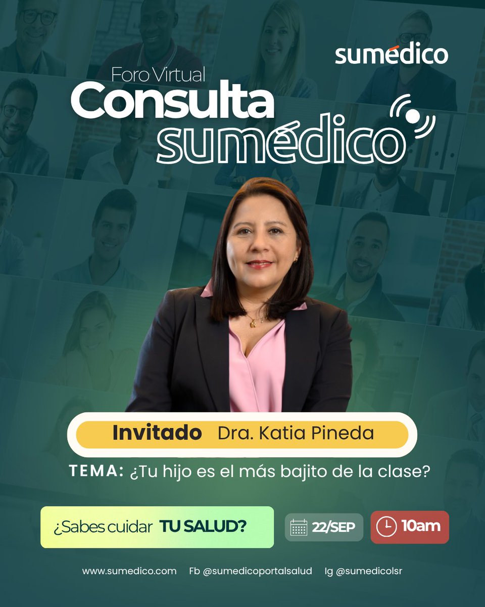 sumedico's tweet photo. #ForoVirtual | ¿Tu hijo es más bajito que sus compañeros? ¿Notas una diferencia en su crecimiento?
En #ConsultaSuMédico, la Dra. Katia Pineda, directora médica de Sandoz México, Centroamérica y el Caribe, hablará sobre el crecimiento infantil, qué factores influyen y cuándo es importanteconsultar con un profesional de la salud.
📅 Conéctate este 22 de septiembre a las 10:00 a. m. por nuestros canales de YouTube y Facebook y aprovecha para resolver todas tus dudas.
👉 ¡Te esperamos!
#CrecimientoInfantil #SaludInfantil #Niños