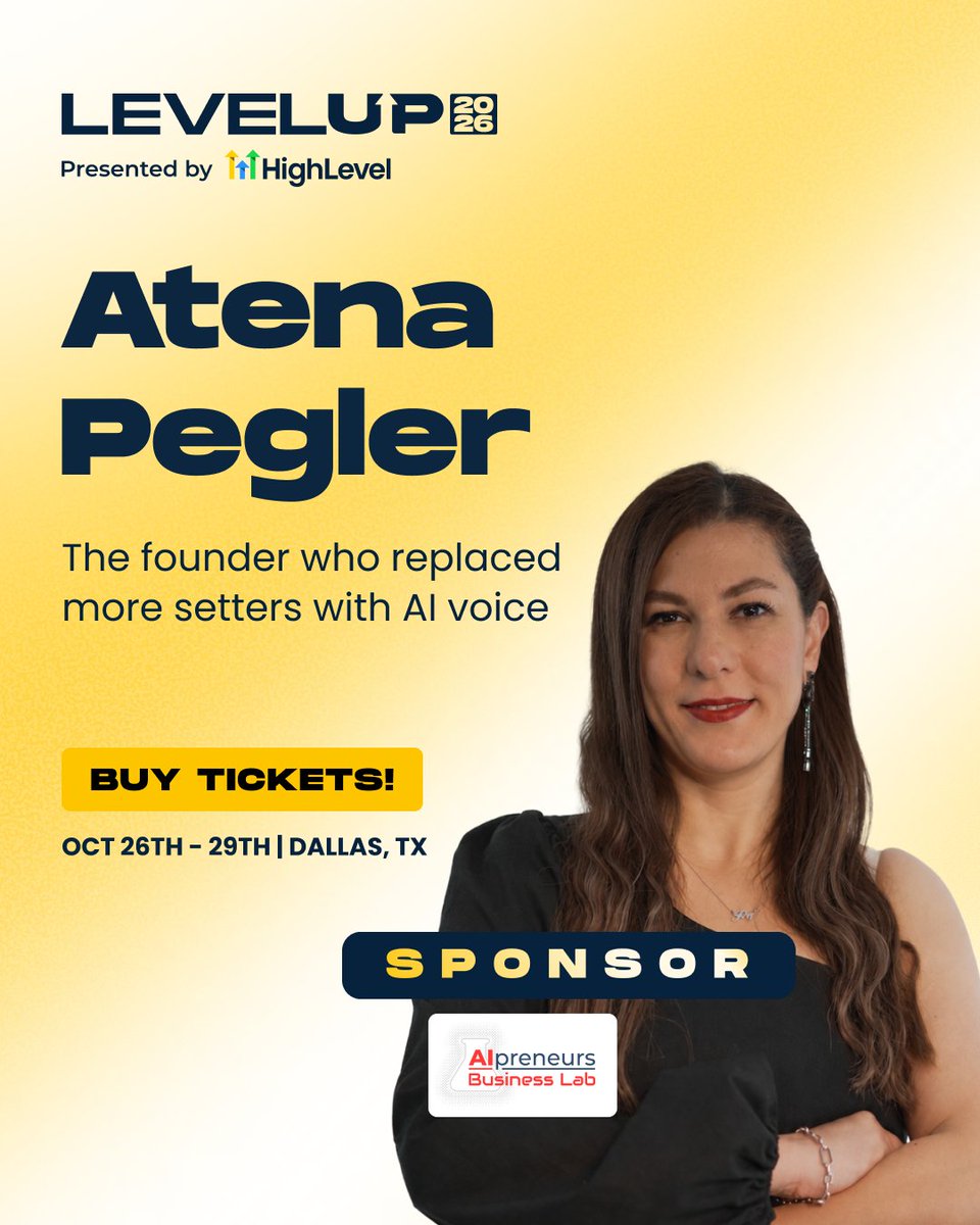 gohighlevel's tweet photo. Your setters are not slow. Your response time is. Atena Pegler fixed hers with AI voice and she is breaking it down at LevelUp 2026. Oct 26 to 29, Dallas.

#LevelUp2026 https://t.co/iF4SueFfWN