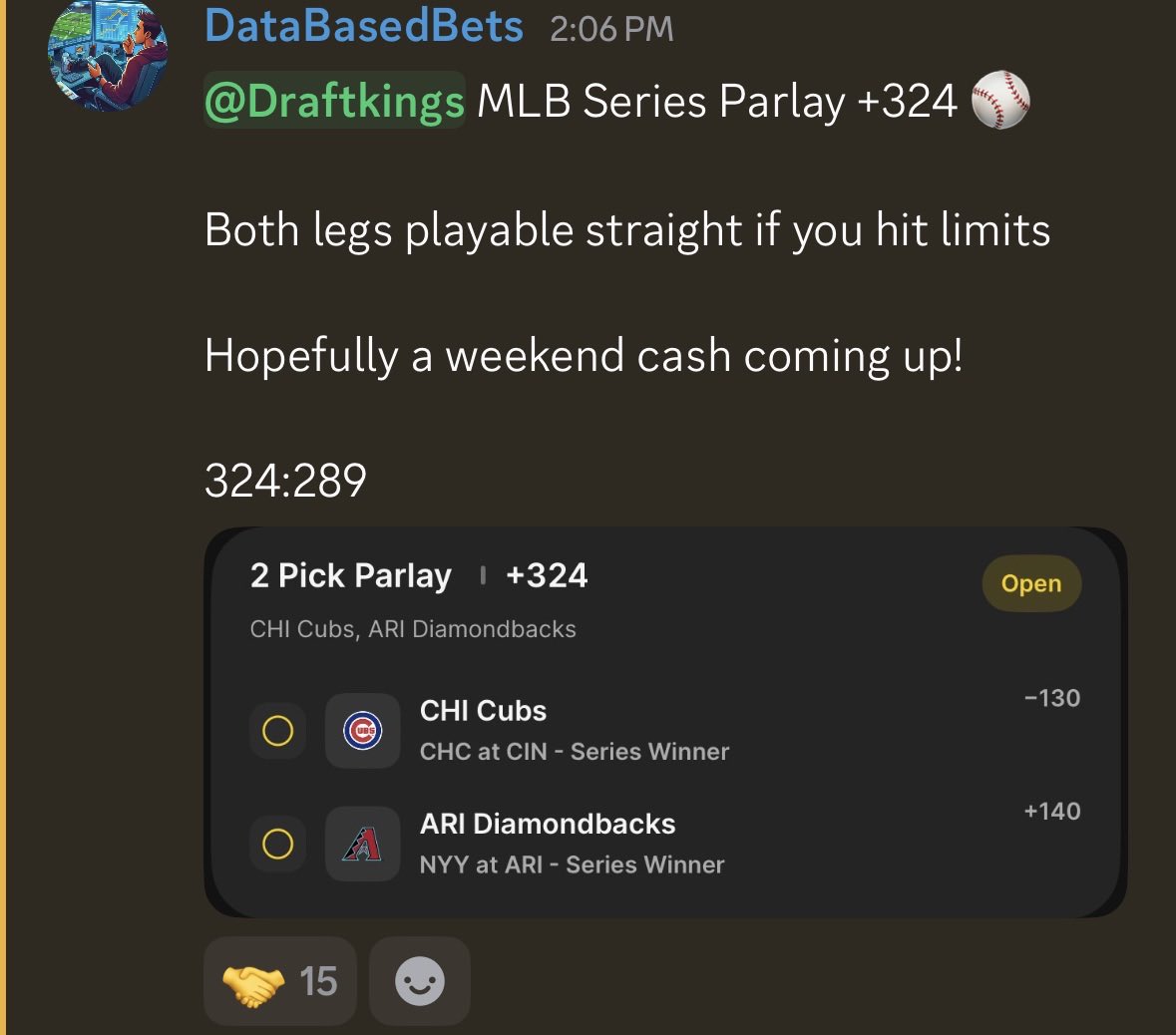 DBB_Discord's tweet photo. DraftKings MLB Series Parlay from @DataBasedBets ⚾️

Good for 0.7u!

🔗 https://t.co/dM0AzHHQYm https://t.co/DT3G1jBiGO