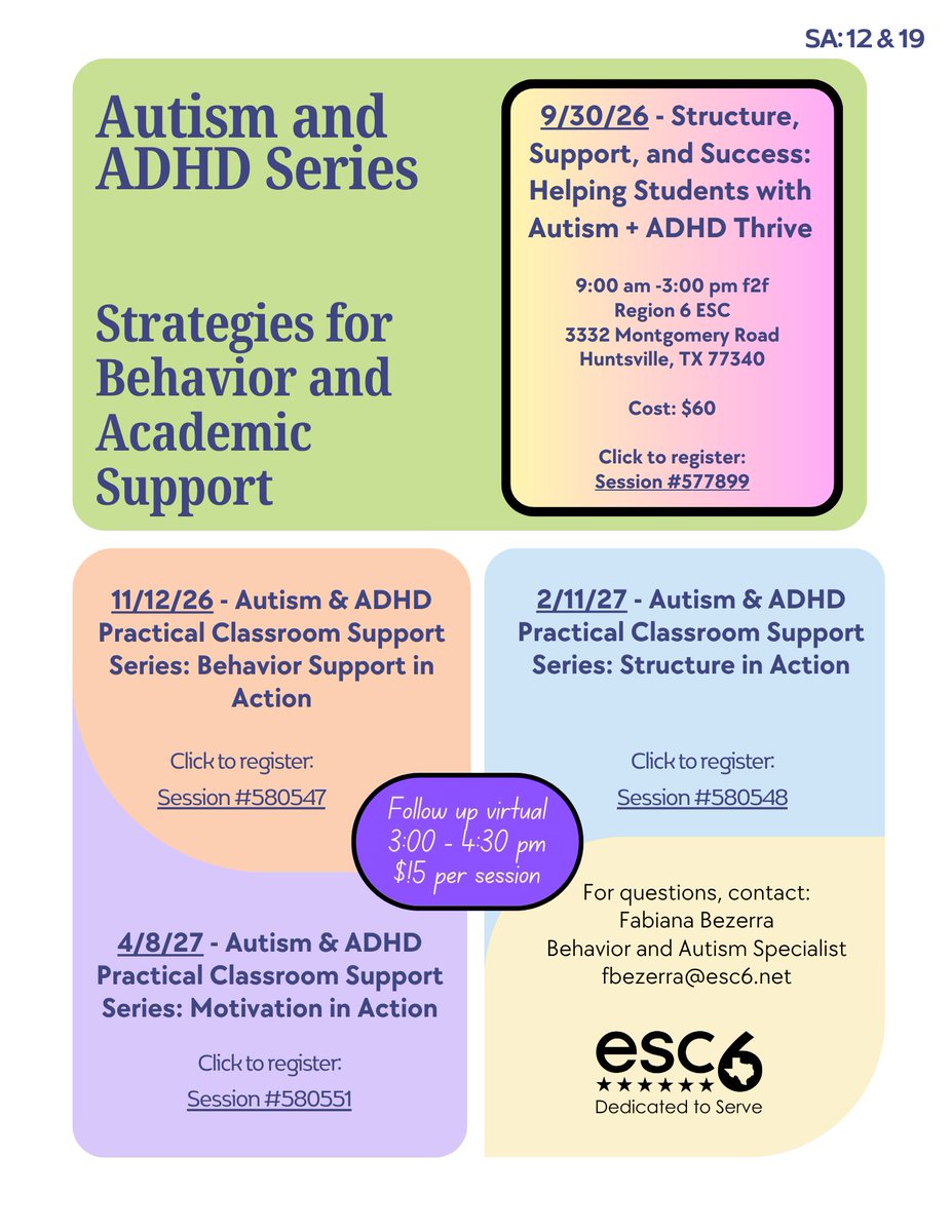 escregion6's tweet photo. Upcoming Events: Autism and ADHD Series - Register by session number at: https://t.co/dj2GGL6OWy https://t.co/UHVbRsSNMs