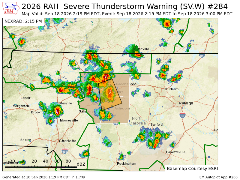 randolphsvwx's tweet photo. RAH issues Severe Thunderstorm Warning [wind: 60 MPH (RADAR INDICATED), hail: <.75 IN (RADAR INDICATED)] for Davidson, Forsyth, Guilford, Randolph [NC] till 3:00 PM EDT https://t.co/pPA7GOzyDR https://t.co/TY8SPNS1V4