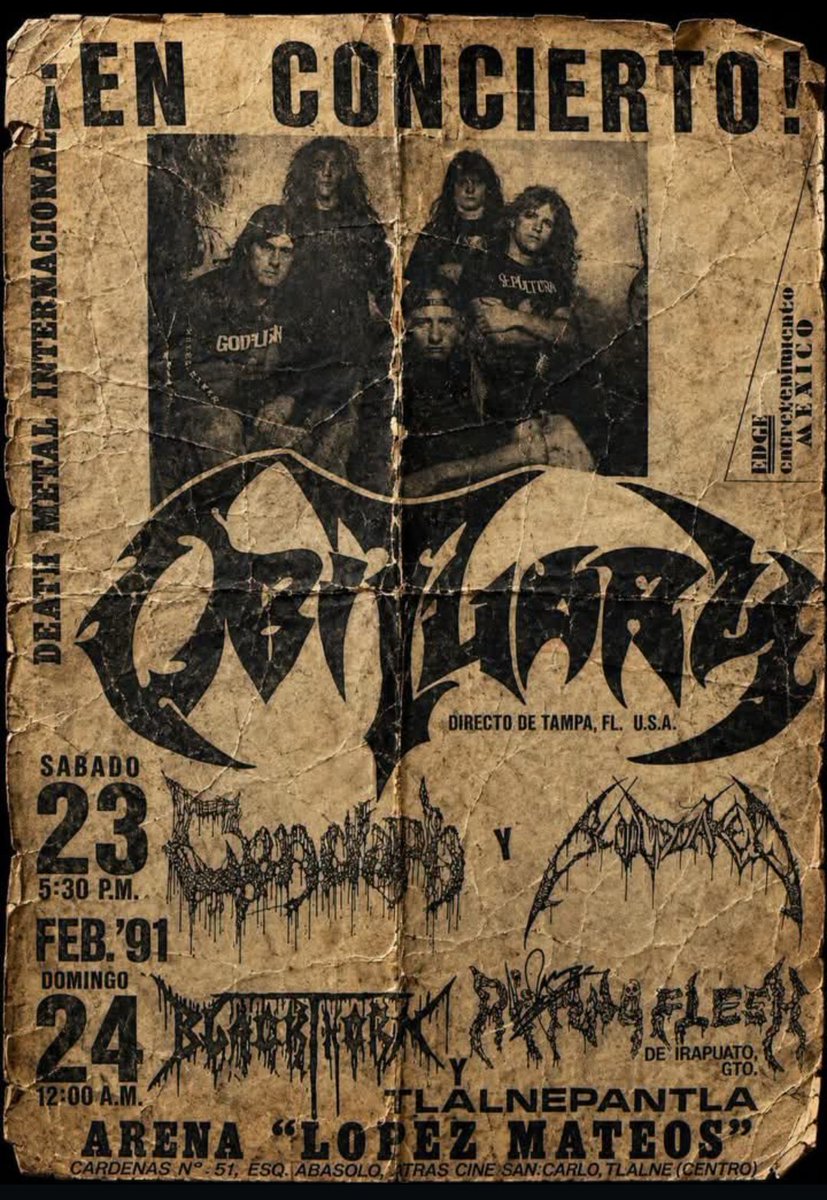 XIBILXIC's tweet photo. 👊🤨 #FlashbachFriday @obituarytheband 🇺🇲 35th anniversary 🤘😲🤘 @cenotaph9 🇲🇽 #Bloodsoaked 🇲🇽 @hrgarcia7 🇲🇽 #Blackthorn 🇲🇽 #DeathMetal #90sMetal https://t.co/g0sAkDYBpf