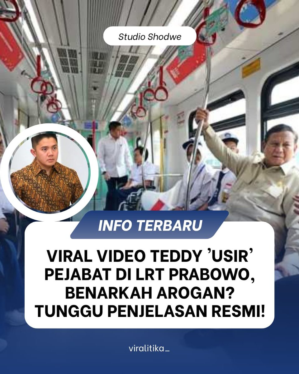 viralitika's tweet photo. Ramai video Mayor Teddy 'tertangkap kamera' sedang mengarahkan pejabat di dalam gerbong LRT saat kunjungan Prabowo.Beberapa netizen menganggap tindakannya arogan, sementara yang lain melihatnya sebagai profesionalisme dalam #Viralitika #MayorTeddy #LRT #BeritaTerkini #Klarifikasi https://t.co/YlMXE8QBff