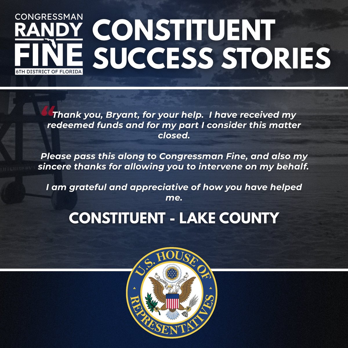 RepFine's tweet photo. Another win for a Lake County constituent.

My deputy district director Bryant stepped in — the funds were redeemed, and the matter is closed.

Proud of my team, we work for you! https://t.co/PbUu6LMIqL