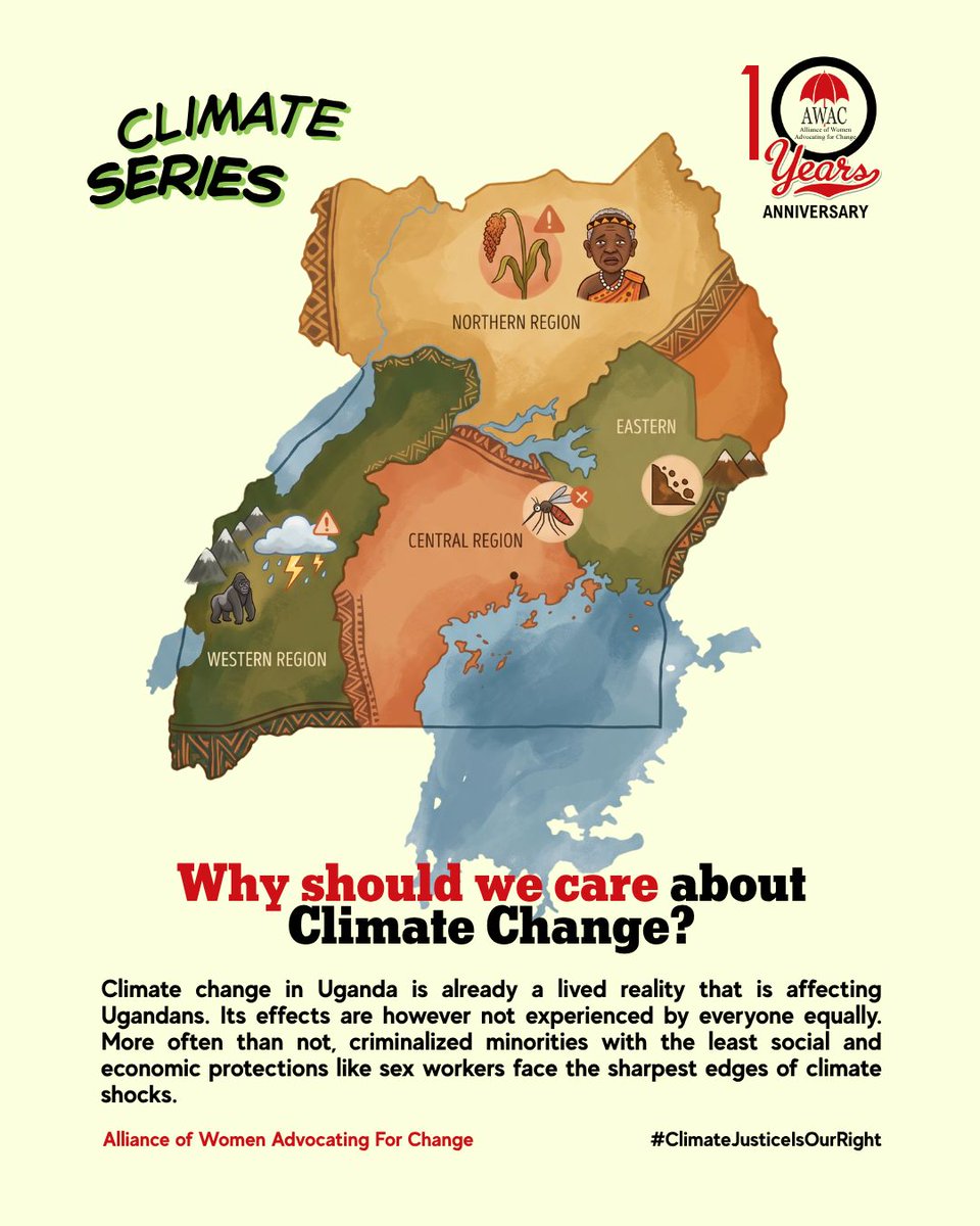 awacuganda's tweet photo. As we continue our climate series, today we highlight why we should care about climate change, because its impacts are already being felt in Uganda, yet not everyone is experiencing them in the same way. 
Women sex workers and other key populations face heightened vulnerabilities to the consequences of climate change. Climate disasters like floods block pathways to health facilities and clinics, making it difficult to access essential SRH and HIV services, including contraceptives, post-abortion care and HIV medicines. 
Extreme heat and drought further deepen climate injustice, disrupting access to essential health services, livelihood and food security.
#ClimateJustice #Uganda #ClimateAndHealth #HealthEquity