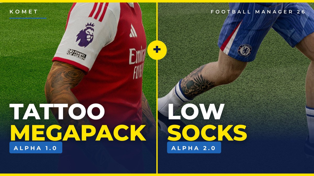kometTM's tweet photo. FM 26 TATTOO MEGPACK 1.0 AND LOW SOCKS 2.0 IS HERE. 

TATTOO Real tattoos.  On the actual match models. In FM26.
  
NEW - LowSocks 2.0 COMPATIBLE if a player has a tattoo on that part of their leg plus other improvements.

 link- https://t.co/t9zdj3W6NA 

#FM26 #FootballManager https://t.co/OMnd7rxHZh