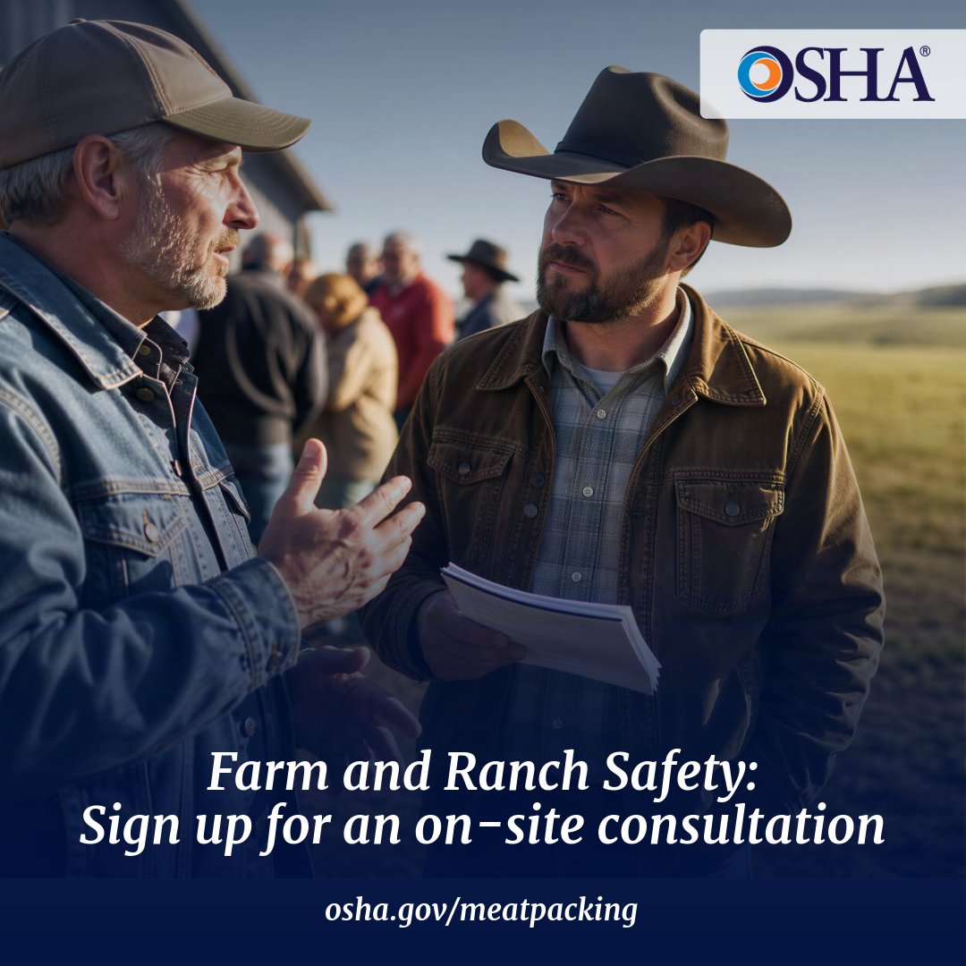 OSHA_DOL's tweet photo. Ranching and meat processors keep America fed, but workplace hazards may put workers at risk. Our no-cost, confidential On-Site Consultation Program can helps ranchers and farmers identify hazards, strengthen safety programs, and protect workers. https://t.co/rczBNuHN3u