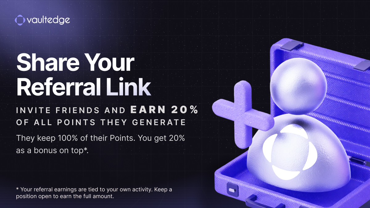 VaultedgeFi's tweet photo. Referring friends to Vaultedge is now simpler than ever

Invite codes are gone. Instead, you now have a personal referral link that you can share directly with anyone.

When your referrals start earning Points, you automatically get 20% of their Points as a bonus. They keep 100% of theirs, your 20% is on top.

Your referral earnings are tied to your own activity. Keep a position open to earn the full amount.

Find your link in Account → Referrals tab.

👉 https://t.co/J7PGh6g7Zf