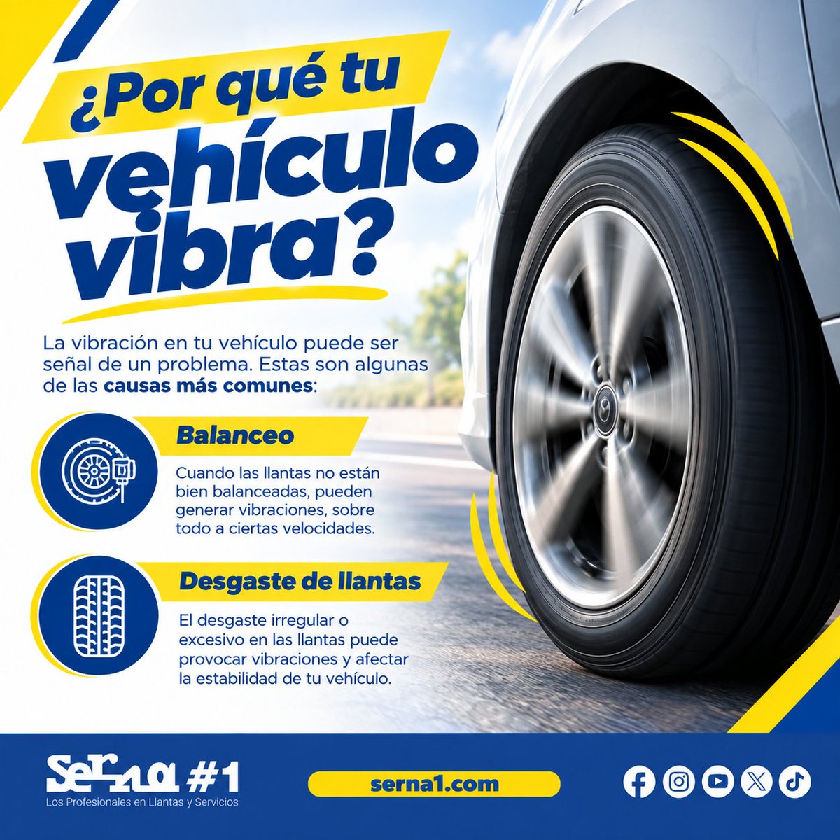 Sernauno's tweet photo. 🚗💨 ¿Tu vehículo vibra al manejar? No lo ignores.
Las vibraciones pueden ser una señal de que tus llantas necesitan atención. Algunas causas comunes son:
🔹 Balanceo incorrecto
🔹 Desgaste irregular de las llantas
#SERNA1 #Llantas #MantenimientoAutomotriz #Monterrey https://t.co/Zl8USFxha3