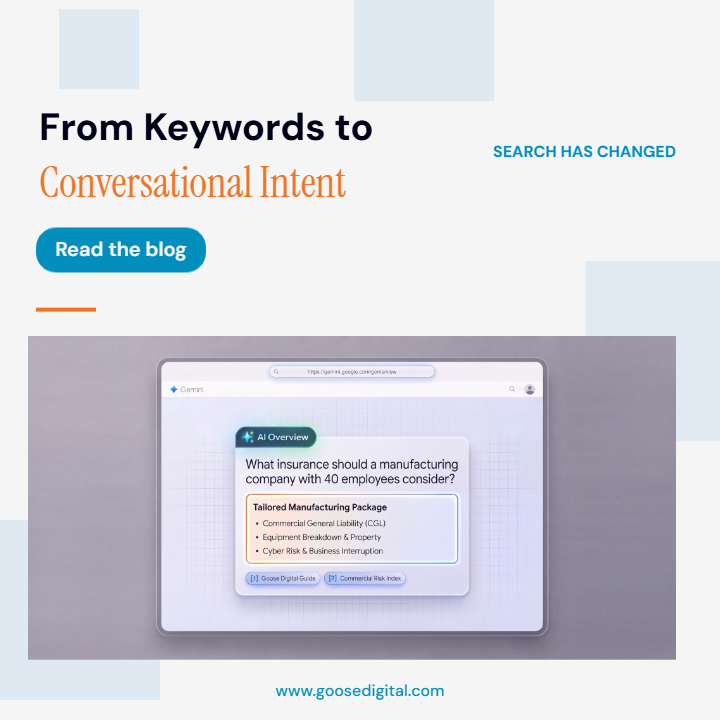 GooseDigital's tweet photo. Search is changing quickly, and insurance providers need to look beyond traditional SEO.

Customers are increasingly asking full, complex insurance questions through Google AI Overviews, ChatGPT, and other AI search tools. 

Read the full article here: https://t.co/putnsEbCZ2 https://t.co/Zg1cjWFMS2