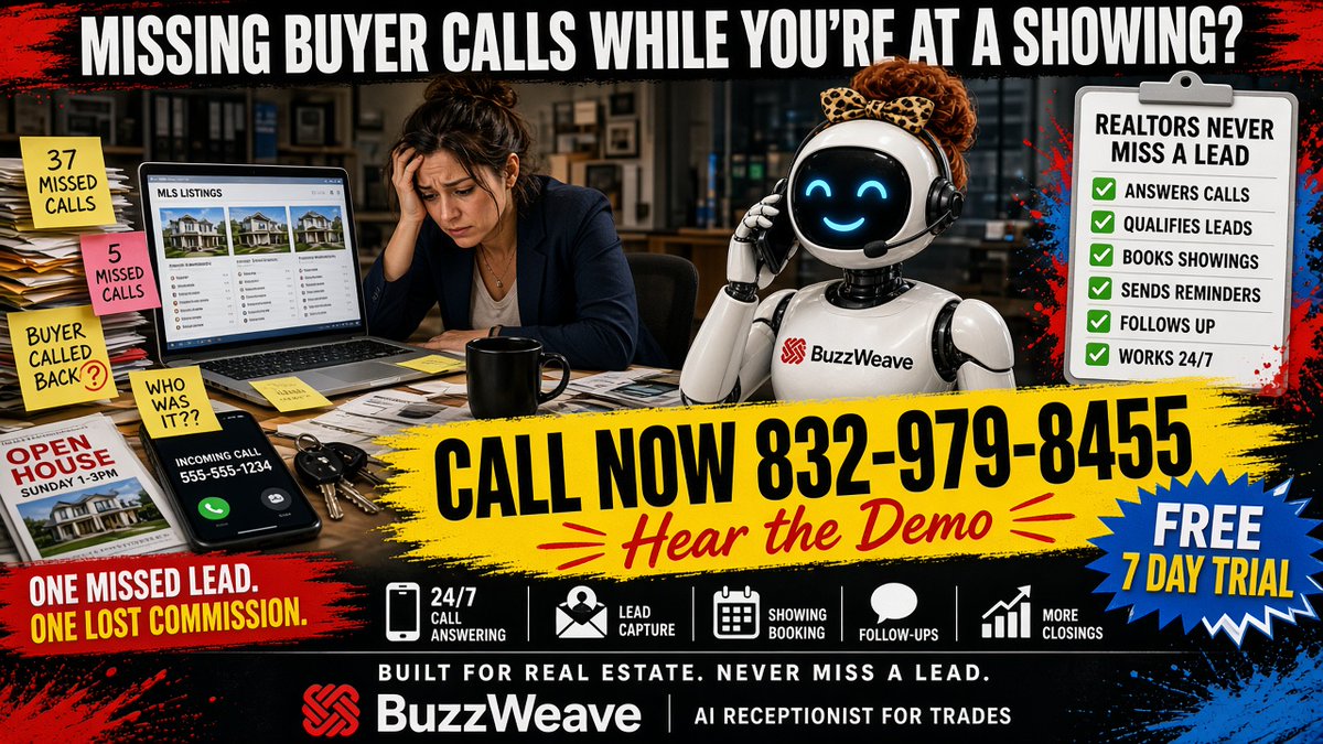 buzzweaver's tweet photo. Realtors: missing buyer calls at a showing?

Buzzweave answers 24/7 + books showings.
Hear the Demo: 832-979-8455
https://t.co/abGCnfHOeN https://t.co/aiQAln9mFV