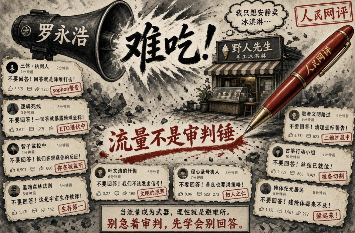 CuisineAbraham's tweet photo. 西贝，野人先生和老罗。

西贝不是今天才出事。去年被罗永浩盯上预制菜，客流腰斩，折腾一百多天亏了几个亿，全国关掉约102家店、三成门店、四千人。老招牌扛不住，就换马甲，2月在北京798开出「天边砂锅焖面」，主打内蒙古巴盟焖面，人均四五十，宣称现焖、拒绝预制，想把西贝关店后的人和铺子接住。

结果热搜给的评语很物理：锅比脸大，面比手小。淡、不香、像一次性生意。呼和浩特首店开了约半年暂停，北京、上海也有店歇业或改成别的牌。官方口径是「单店规划调整」，店长口径更直白，经营不好。西贝的问题从来不只是一口锅，是贵、是人设、是风波后信任回不来。换个品类，锅更大，面没有变多。

同一周，罗永浩在机场吃了野人先生冰淇淋，写：很一般，考虑到价格甚至难吃，还不如已经破产的钟薛高。评论区第一反应不是辩口味，是齐喊不要回答，生怕品牌一回嘴，重演西贝那套。野人先生后来只说聆听、改进。惹来人民网发评。

两条线拼在一起很好笑。一边是开了38年的正餐巨头，被一句话掀翻，再开平价焖面，四个月到半年就开始停店；一边是网红冰淇淋被同一张嘴说难吃，全网先保护品牌「别说话」，官方再出来管流量权。

中国餐饮现在有三套剧本：被点名、换招牌、被提醒不要回答。味道是第二位的，谁拿着麦克风才是第一位。
