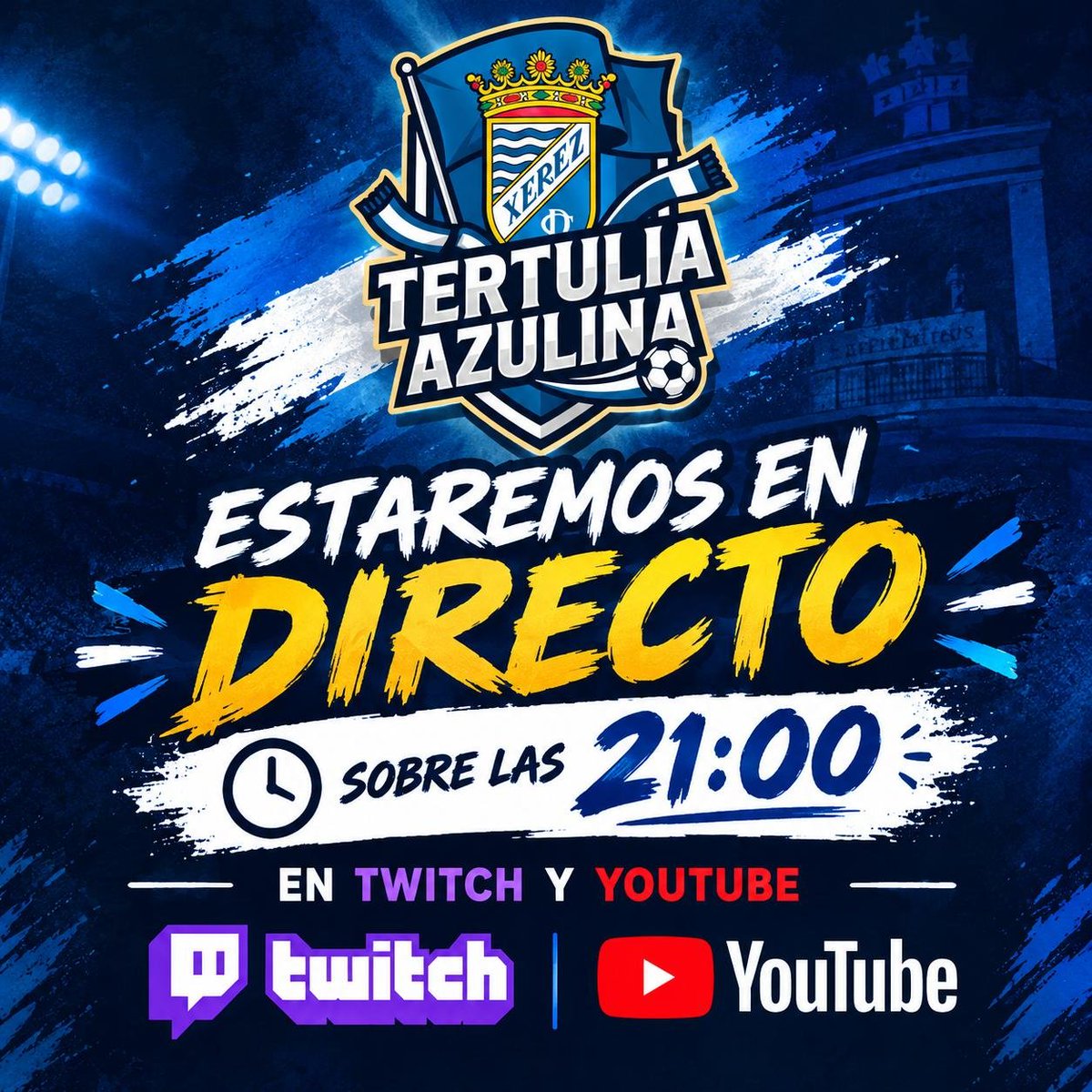 TertuliaAzulina's tweet photo. 🎬 A partir de las 21 horas estaremos en DIRECTO tanto en nuestro canal de Twitch como en el de Youtube comentando el partido del pasado domingo y haciendo una previa de este próximo en Chapín ante el Don Benito LEEREMOS VUESTROS COMENTARIOS, OS ESPERAMOS💙🤍 https://t.co/BytTzaXjE8