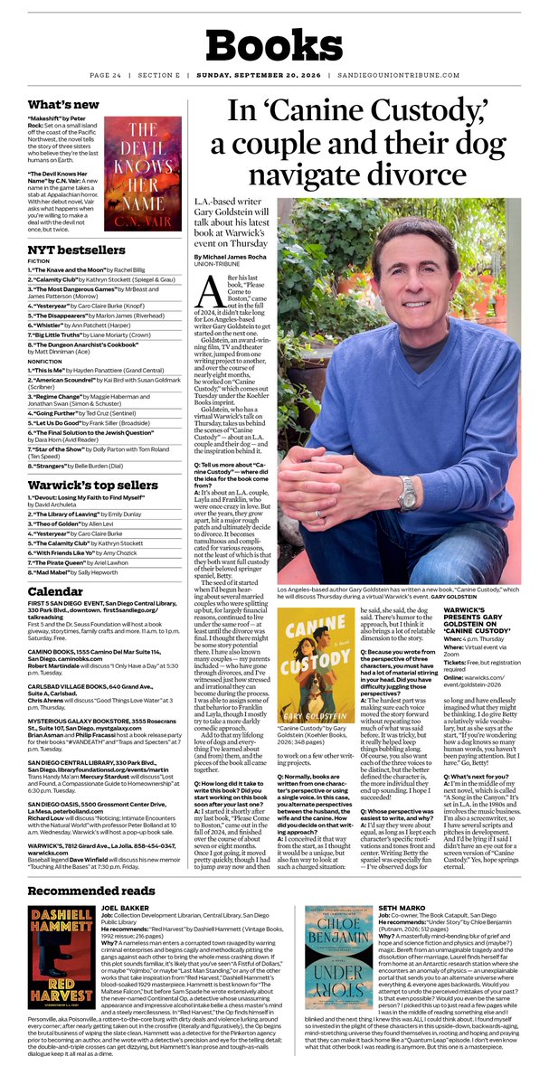 GaryGoldsteinLA's tweet photo. Big thank you to Michael James Rocha at the San Diego Union-Tribune for the super coverage of "Canine Custody" in this Sunday's Books section. "Canine Custody" is out 9/22 at the start of #NationalDogWeek! #caninecustodynovel #newbooks #bookinterview https://t.co/nTGpWU8WqH