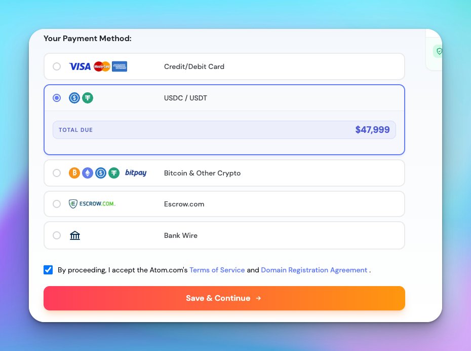 darpanmunjal's tweet photo. More buyers want to pay for domains in crypto.

So we now accept direct USDC and USDT, up to $1M. No third-party account, no approval steps.

A lot of capital sits in stablecoins. Making it easy to spend on a domain opens up a new pool of buyers.

Direct stablecoin payouts to sellers next.