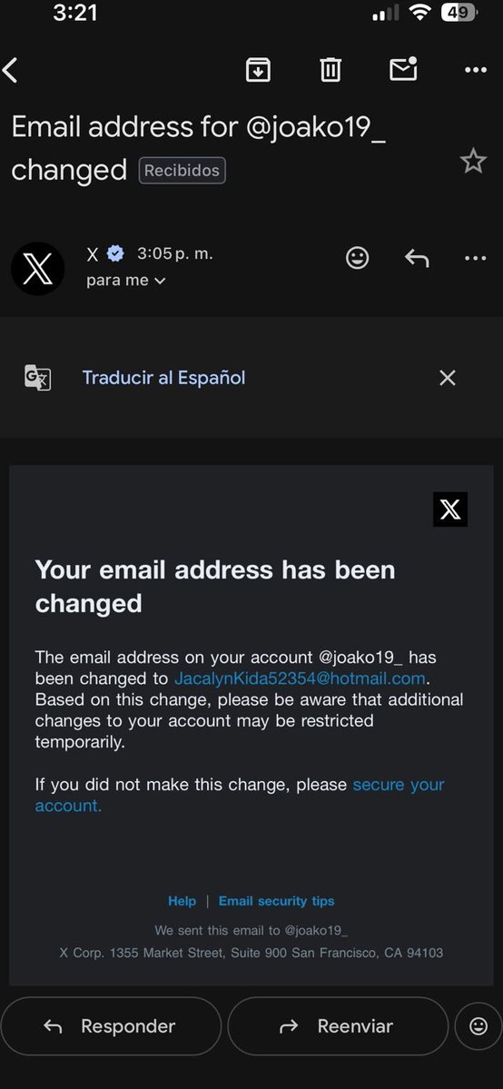 joako19_'s tweet photo. me llego este correo cuando trato de entrar, no me dejaba me cambio la contraseña y el correo
lo que proceso a querer buscar ayuda con el soporte de @X y no me sirvio de nada por suerte pude recuperar con mi num si no subo nada el @Rubiu5 me hackeo por completo https://t.co/vcYSdV5IZd