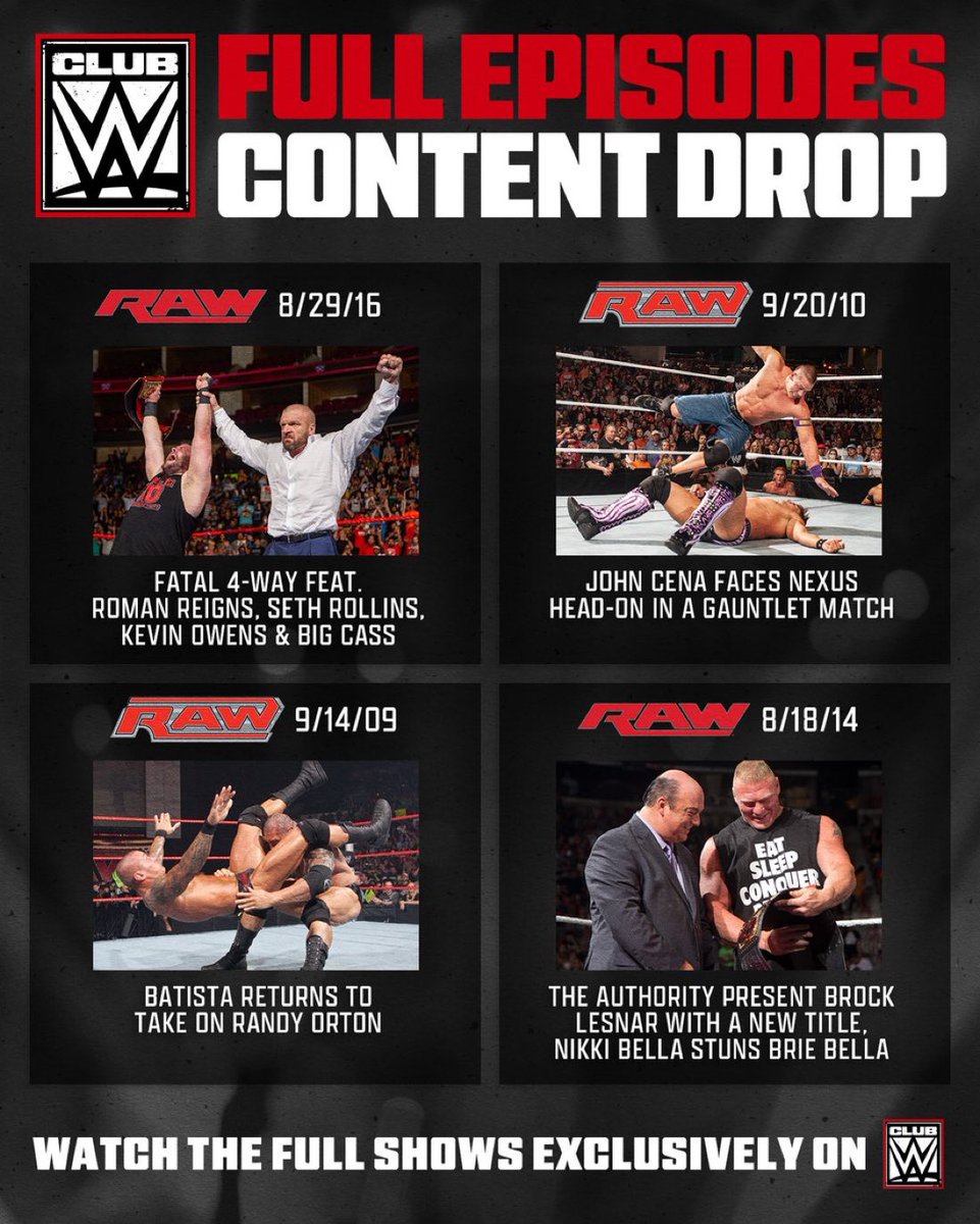 WrestlePurists's tweet photo. WWE dropped four episodes of #WWERAW on Club WWE
• August 29, 2016
• September 20, 2010
• September 14, 2009
• August 18, 2014 https://t.co/T4qyvYUWDs