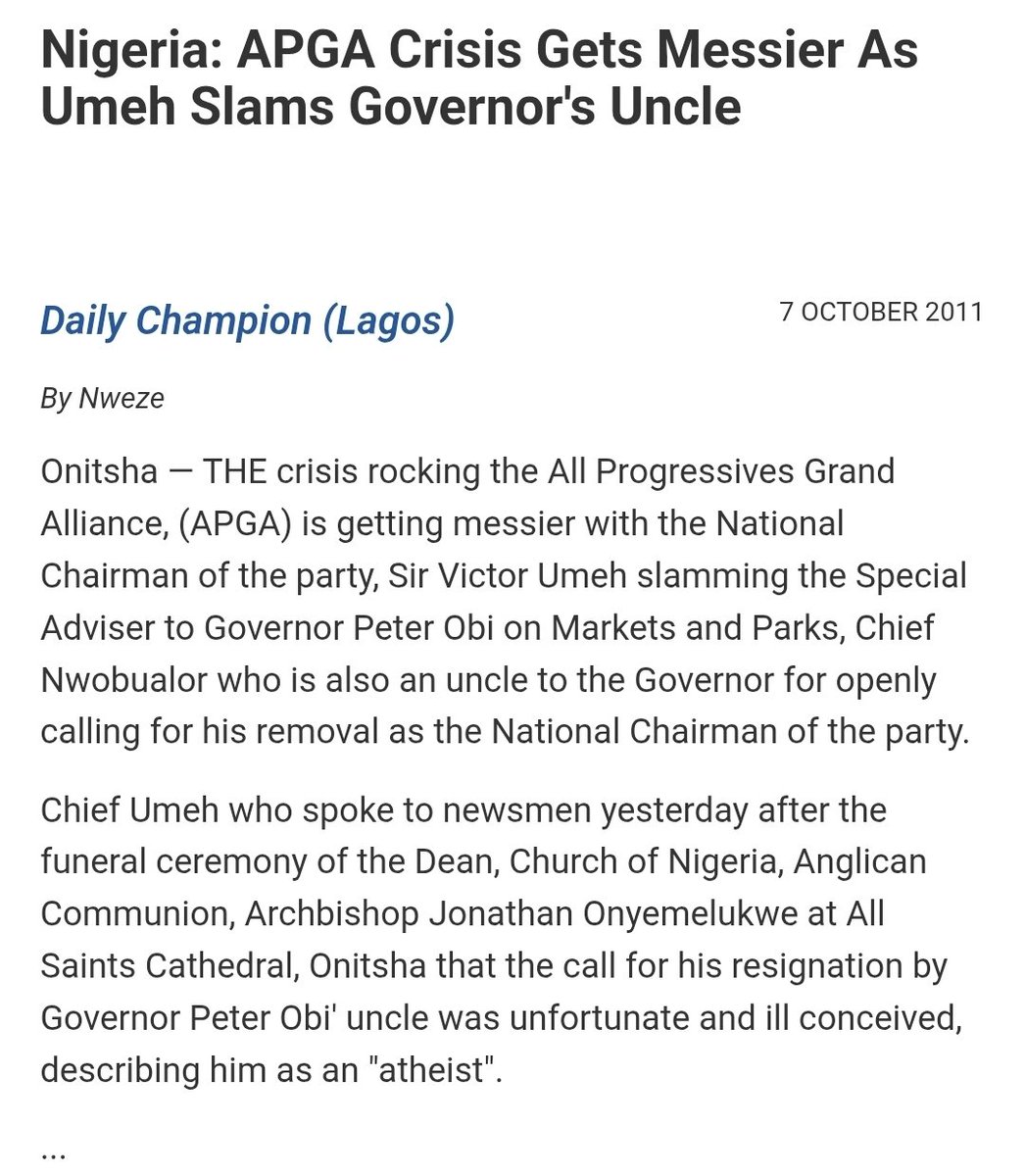 chibuzo_mikel's tweet photo. Before I move away temporarily from Peter Obi's past (now that we agree that everyone has a past that can be scrutinised), let me drop two more insights that I'm very certain most people were not aware of. 

Peter Obi appointed his uncle from Agulu (late Chief Sylvester Nwobu-Alor) as Special Adviser on Parks and Markets on becoming Governor of Anambra State.

If you understand politics in the States, anyone who is Special Adviser on Parks and Markets is on top of IGR on the parks and markets.

So, Mr. Peter Obi put his uncle and mentor, who is a veteran politician in charge of Parks and Markets.

Coincidentally, despite the population of Anambra increasing, economic activities increasing including expansion of markets and motor parks with higher levies collected from traders and transporters, Anambra's officially reported IGR was largely crawling at snail speed for 8 years of Obi's administration when compared to what Obi inherited from Dr. Chris Ngige (you can fact-check me). When Obiano came in, official IGR doubled in one year.

Connect the dots. 

As far back as June 2007 when Obi was temporarily out of office, there was already an accusation against Obi that he collects a minimum of N500,000 in raw cash monthly from each revenue contractor assigned to major parks and markets across the state.

When Obi returned as Governor, he returned Chief Nwobu Alor as SA Parks and Markets and the practice continued.

So, whenever Obi goes on those his sanctimonious sermons of "if you find any kobo of Anambra money missing under him he'll stop campaigning" I simply shake my head in amusement.

How do you know if Anambra money is missing? Did Obi give monthly audited accounts of inflows and expenditures? Did he tell anyone how much FAAC that accrued to LGAs that he spent without appropriation? So, he sends you on an errand he knows you cannot embark on. Let's assume you want to go and verify, where will you start from? 😂

So, it's only Obiano and Soludo that he can tell go and verify and they will access the records and unmask him. Obiano wasn't ready to fight dirty, but unfortunately for Obi, Charlie Nwa Mgbafor is a different ball game as he has found out.

Right from the beginning, I have never been carried away by Obi's holier than thou posturing. I have always told anyone who cared to listen that Obi was Ome na cash. Thank God his aide was caught in one of those cash movement missions.

Let me stop here. The next post will be about Obi and taxation and then I'll cease fire until the spirit moves me again.
