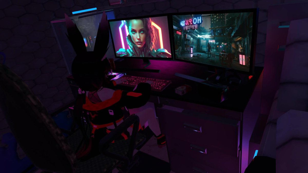 SongbirdXayah's tweet photo. Nothing like the night life~🎮❤️‍🔥✨

#VRChat #VRPhotography https://t.co/l6XfdnZyIl