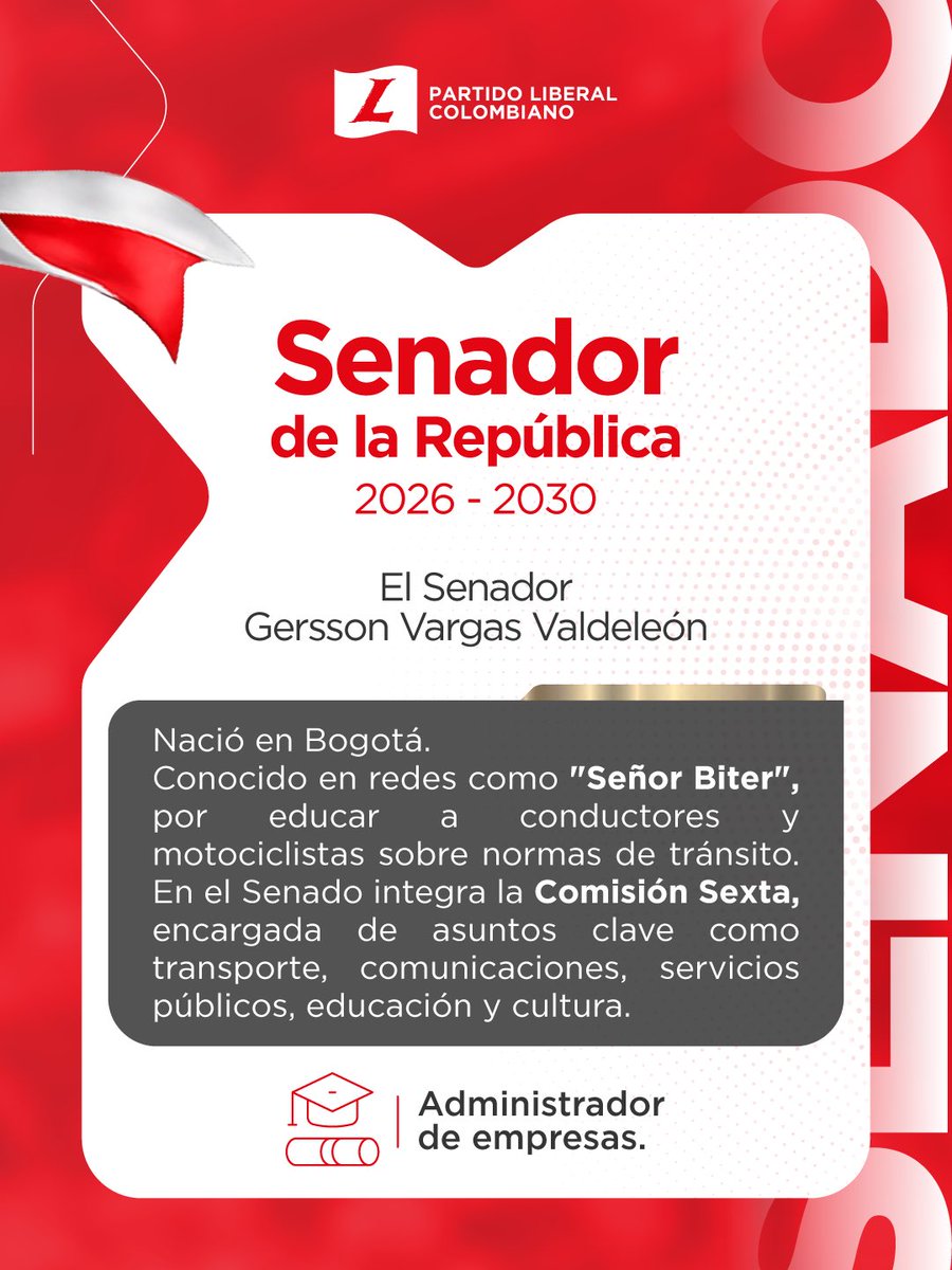 PartidoLiberal's tweet photo. @bitersenador hace parte de nuestra bancada en el Senado de la República para el periodo 2026–2030.

Conoce su trayectoria y el trabajo que desarrollará desde el Congreso.

Seguimos construyendo una bancada con experiencia, compromiso y vocación de servicio.🇨🇴 https://t.co/uPvfd6IuHE