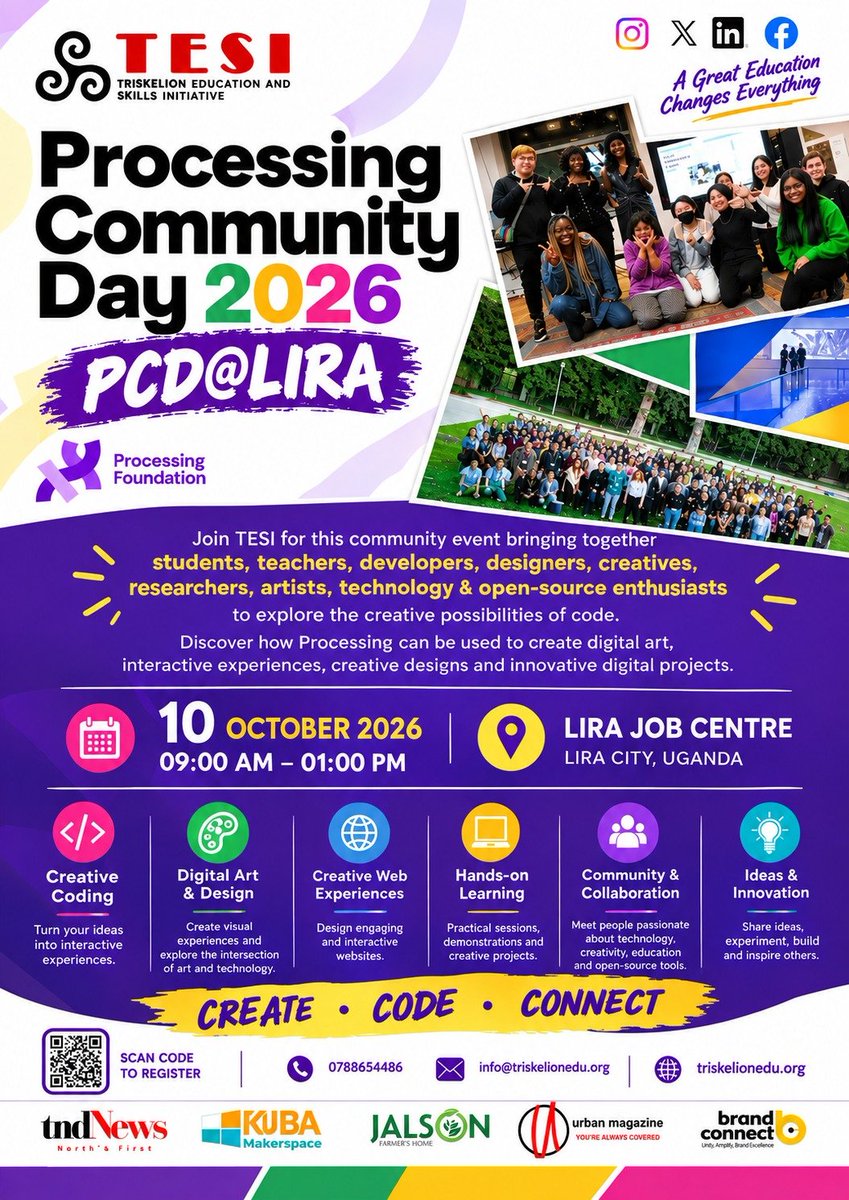angodaemmanuel's tweet photo. @triskelionedu2 is excited to host Processing Community Day 2026 — PCD@Lira on 10th October 2026 at Lira Job Centre, Lira City. It's the only scheduled PCD in Africa! And it's free entry. Thank you @ProcessingOrg

🕘 9:00 AM–1:00 PM
📍 Lira Job Centre
🇺🇬 Lira City, Uganda https://t.co/aWdjRQimyb