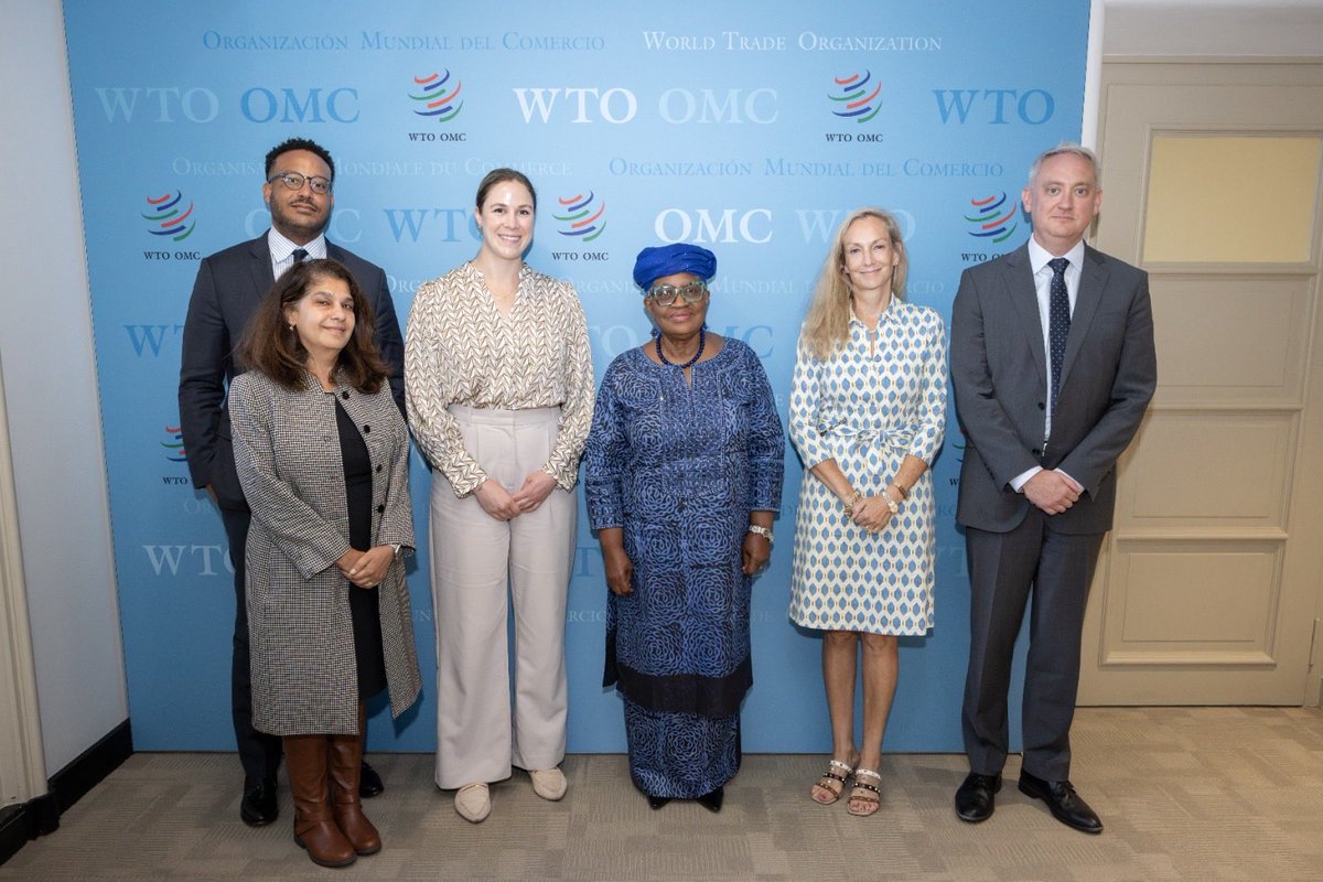 NOIweala's tweet photo. On the occasion of their participation at the #WTOPublicForum, an engaging discussion with Mary Kate Carter, International Trade Policy Advisor, Senate Finance Majority Staff, and Joe Johnson, Senior International Trade Counsel, Senate Finance Minority Staff, of the US Senate. Discussions were mainly focused on the status and future progress of @wto reform. We appreciate the support from Congress and value the US‘s active participation in WTO reforms. The delegation was accompanied by Zeba Reyazuddin and William Miller (USTR).